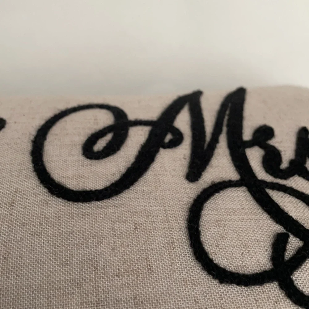 “Mr & Mrs.” Embroidered Script Long Rectangle Black & Oatmeal Anthropology